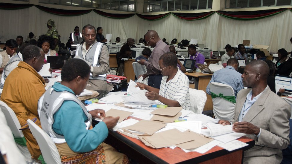 Malawi Electoral Commission workers recount votes during the national elections, 24 May 2024